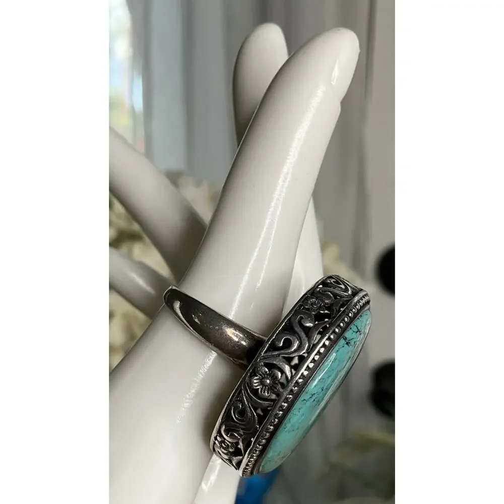 Large Sterling Silver Bold Turquoise Statement Ring Filigree Wide Band Size 8
